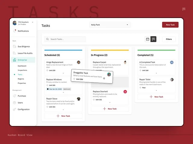 Kanban board interface from the FiveBox design archive